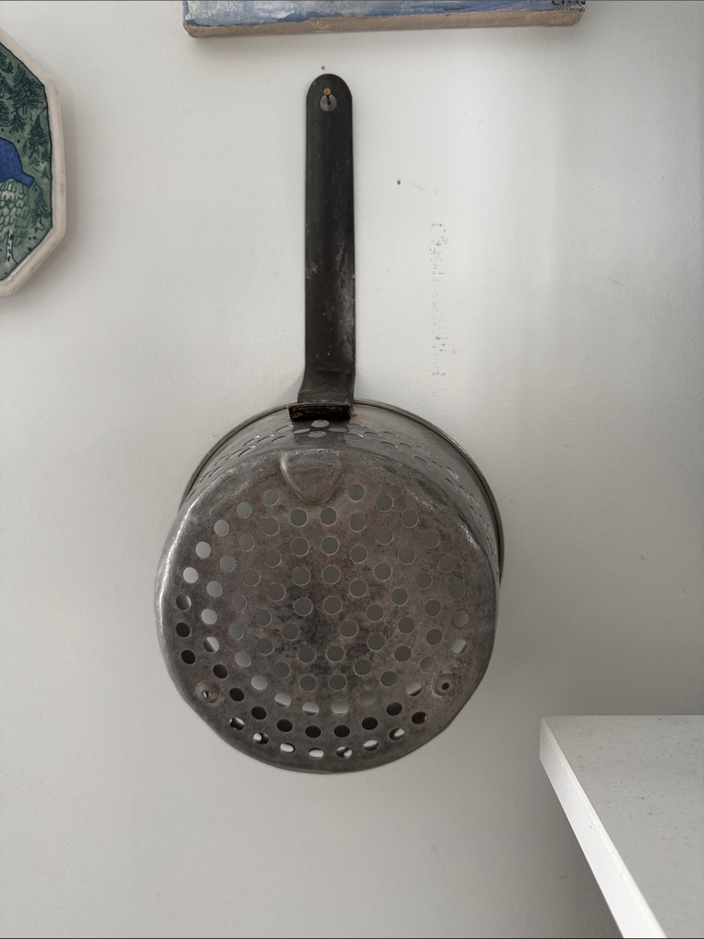 Vintage Aluminum Colander Fryer Basket with Handle Industrial Farmhouse Cottage